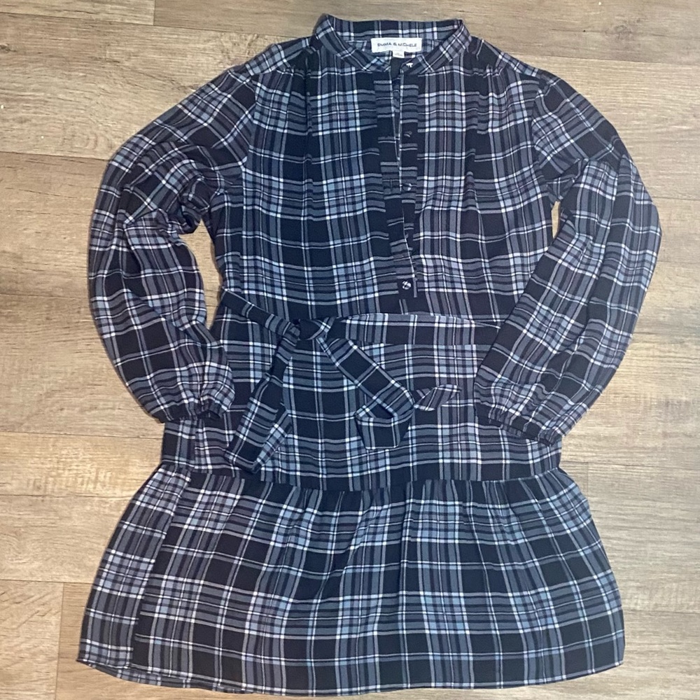 EMMA & MICHELE Sheer Tie Waist Button Front Plaid Dress Modest Summer